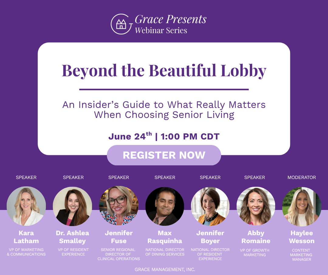 Promotional banner for Grace Presents webinar: 'Beyond the Beautiful Lobby' with date June 24, 1:00 PM CDT and a 'Register Now' button, purple theme with speakers lineup below.