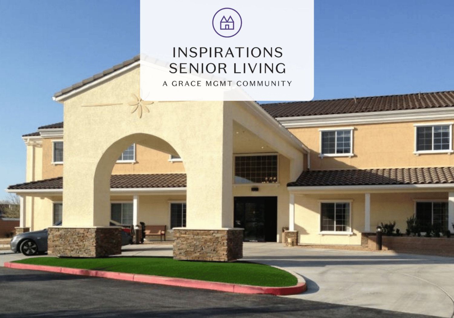 Exterior view of the Inspirations Senior Living building with a large archway and beige stucco, overlaid by a white translucent panel with the brand logo and text.